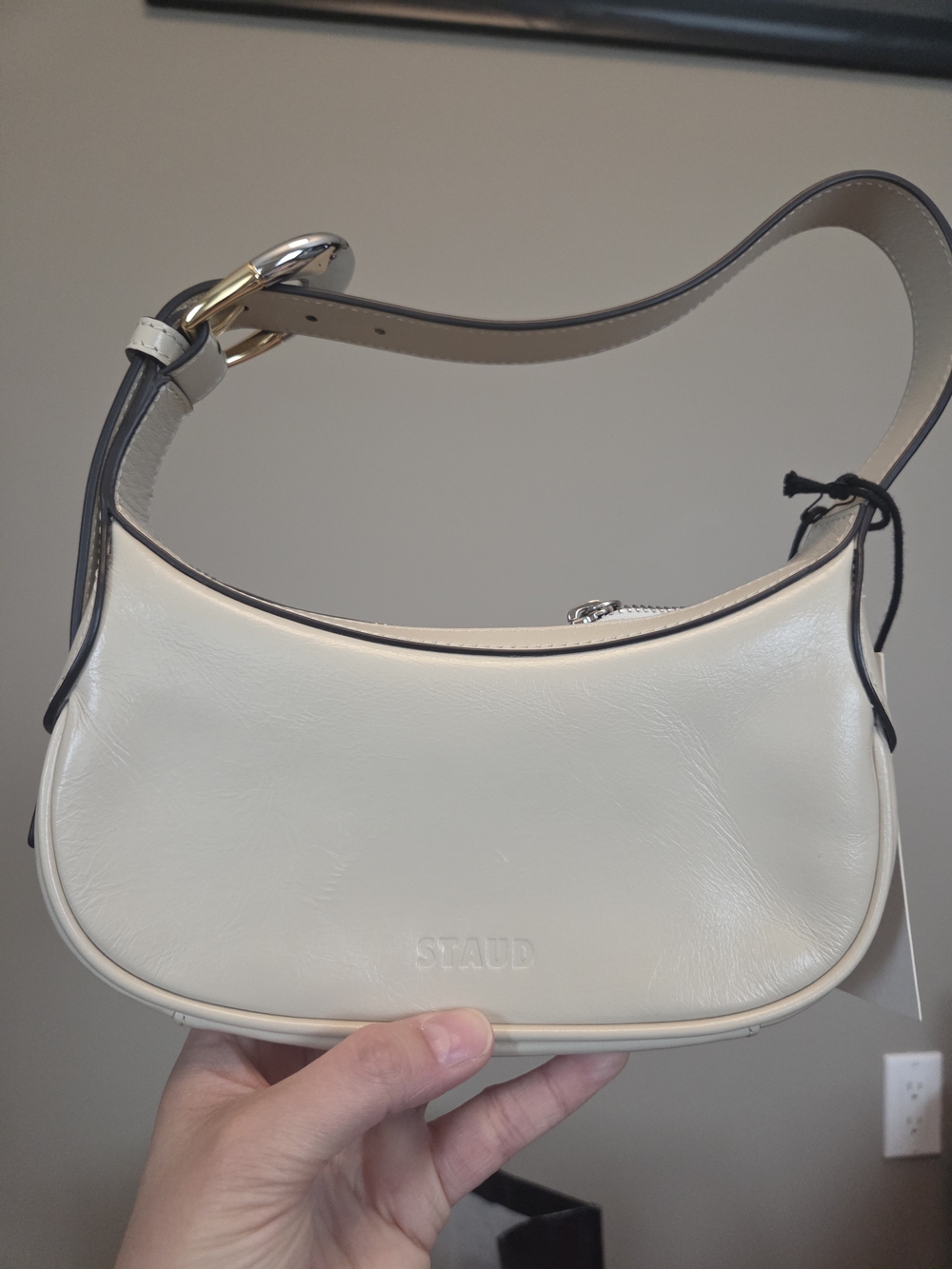 STAUD Owen Cream Crescent Shoulder Bag with Mixed Metal Buckle